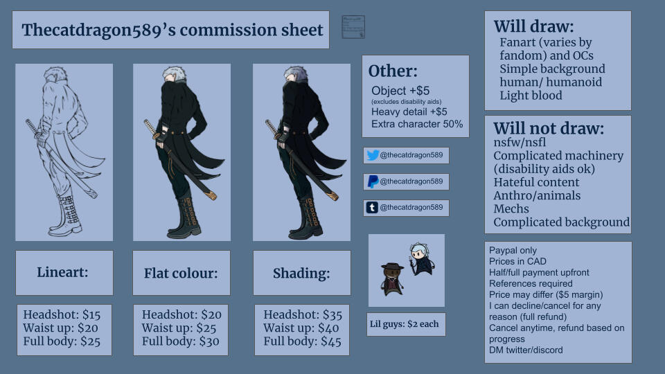 commision sheet. i dont know how to translate this into alt text, please DM me on twitter and ask me for the prices. sorry.